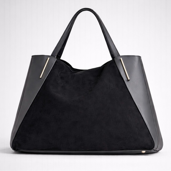 Genuine Leather & Suede Tote Bag – Black – Silver Hardware – As Is